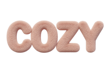 A 3D rendered word "COZY" in a soft, pink, fluffy texture, perfect for designs emphasizing warmth, comfort, and snug aesthetics. background removed