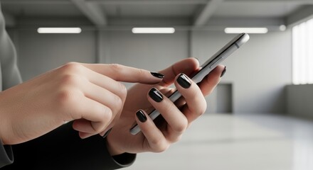 Woman uses smartphone indoors to connect browse shop or communicate with a clean minimalist background