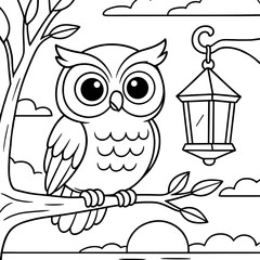 Obraz premium Wise Owl's Night Watch: An adorable owl perches on a tree branch with a decorative lantern, observing the night sky with an air of wisdom and serenity.