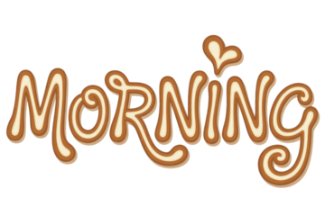 Stylized 'Morning' text with a warm, cozy cookie or pastry-like design, featuring a heart over the 'i'. Perfect for good wishes. background removed