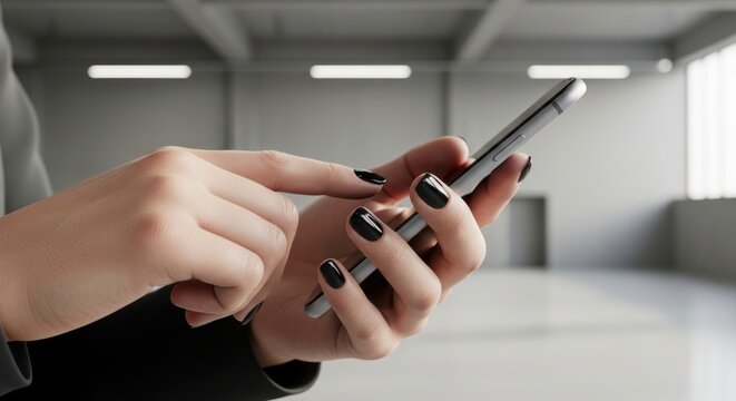 Woman uses smartphone indoors to connect browse shop or communicate with a clean minimalist background