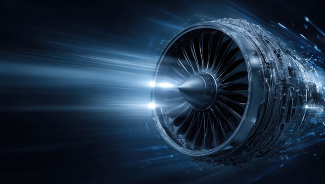 Powerful jet engine with bright light streaks showcasing modern aviation technology and engineering expertise for future aerospace advancements