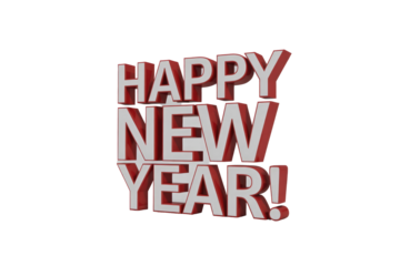 A bold, 3D rendering of 'HAPPY NEW YEAR!' text, featuring red sides and white faces, ideal for festive greetings. background removed