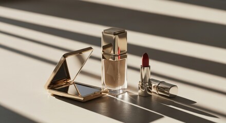 Luxurious cosmetic products are arranged on a light surface bathed in dramatic window light