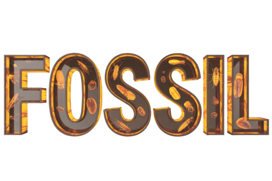 3D word 'FOSSIL' rendered in amber-like letters, showcasing various insects and small organisms trapped within, evoking ancient preservation and natural history. background removed
