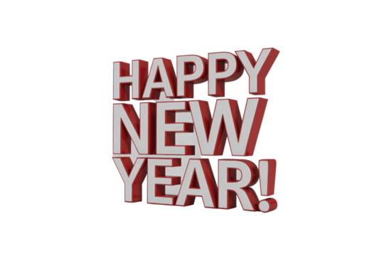 A bold, 3D rendering of 'HAPPY NEW YEAR!' text, featuring red sides and white faces, ideal for festive greetings. background removed