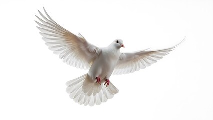 White dove soaring gracefully in flight, symbolizing peace and freedom against a clean backdrop