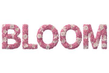 The word 'BLOOM' crafted from an exquisite arrangement of pink and white flowers, symbolizing growth, beauty, and the arrival of spring. background removed