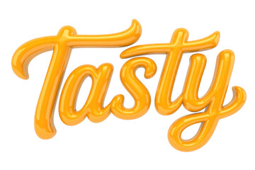 A vibrant, glossy 3D rendered word "Tasty" in a flowing orange script, suggestive of sweet syrup or delicious flavor. background removed