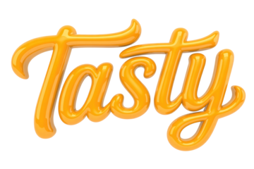 A vibrant, glossy 3D rendered word "Tasty" in a flowing orange script, suggestive of sweet syrup or delicious flavor. background removed