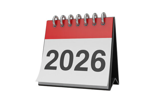 A 3D render of a desk calendar displaying the year 2026, featuring a red top and metallic spiral binding. background removed