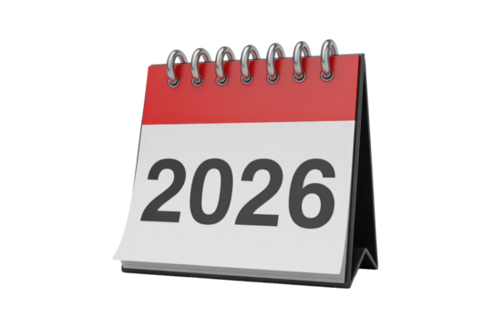 A 3D render of a desk calendar displaying the year 2026, featuring a red top and metallic spiral binding. background removed