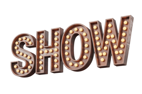 Rusty, vintage marquee letters spelling 'SHOW' with glowing yellow bulbs, evoking a classic theater or carnival vibe. Isolated design. background removed