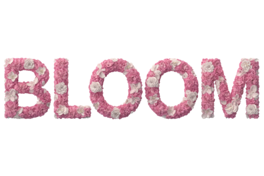 The word 'BLOOM' crafted from an exquisite arrangement of pink and white flowers, symbolizing growth, beauty, and the arrival of spring. background removed