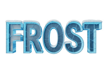 3D text spelling 'FROST' featuring fractured ice, cool blue outlines, and a realistic white snow accumulation on top of the letters. background removed