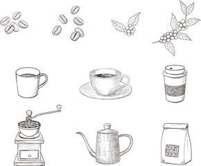 コーヒーのレトロな手描きペン画セット