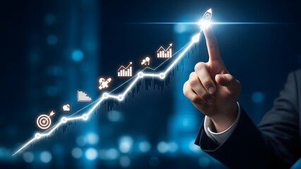 Businessman points to upward trending financial growth chart with icons