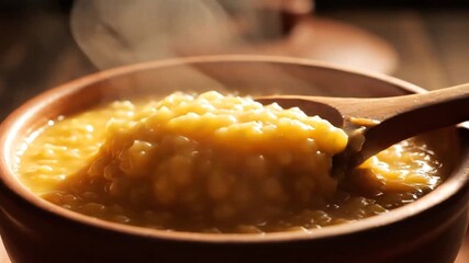 Closeup of a rustic clay pot filled with steaming golden corn porridge being stirred with a wooden spoon highlighting traditional cooking and comfort food. - Powered by Adobe
