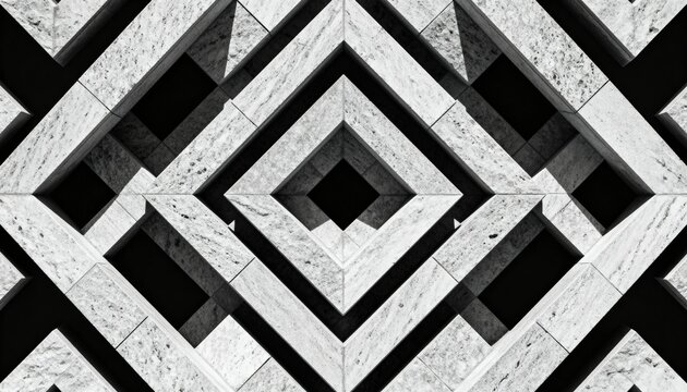 Medium shot of intricate geometric stone patterns forming symmetrical visual motifs with sharp angles and clean lines highlighting craftsmanship and precision.