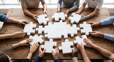 Teamwork concept with hands connecting white puzzle pieces