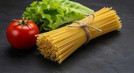 Red tomato green lettuce and spaghetti bundle on dark slate pasta uncooked pasta