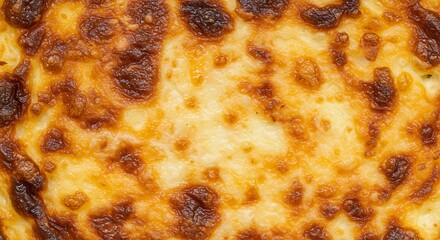 Close up of golden brown baked cheese topping with bubbly texture melted