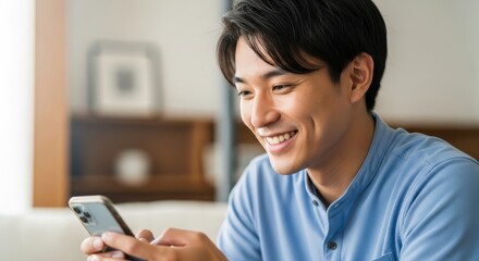 Young adult male enjoys viewing content on a modern handheld communication device