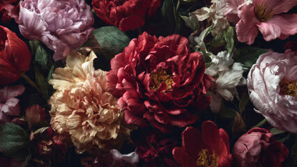 A stunning, moody floral arrangement featuring dark red, pink, and cream peonies and tulips, rendered with textured, almost paper-like petals, evoking a classic still life.