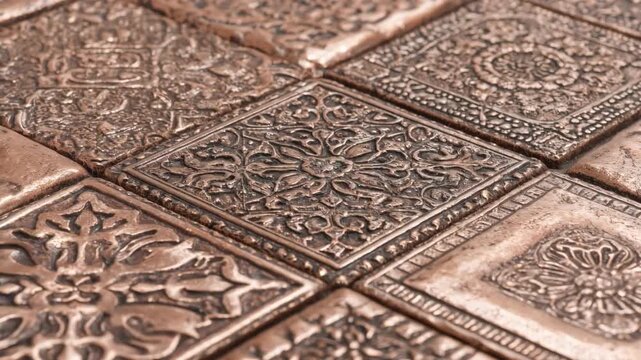 Medium shot of decorative copper stamping showcasing intricate patterns embossed on metal panels for artistic design purposes.