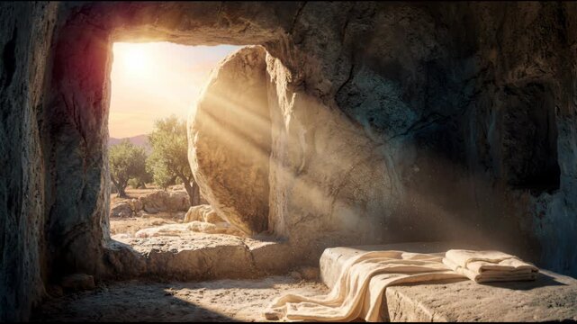Divine morning light floods into the empty tomb, illuminating the discarded burial cloths in a cinematic scene of hope and resurrection.