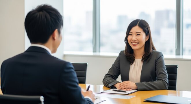 Young professional woman confidently participates in a formal business discussion across a table from a colleague