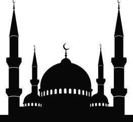 Black Silhouette of a Traditional Muslim Mosque with Minarets and a Central Dome Topped with the Crescent Moon Symbol, Islamic Architecture.