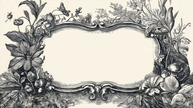 Ornate black and white botanical frame, featuring intricate flowers, leaves, and a butterfly in a vintage engraving style, with an an empty central space.