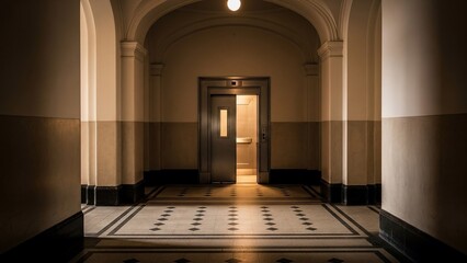 A long, dimly lit hallway with a patterned tiled floor leading to an open elevator in an old building.