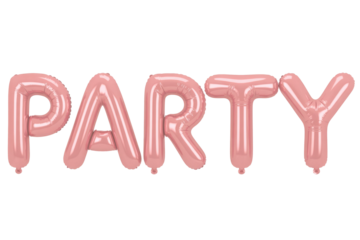 Pink foil balloon letters spelling 'PARTY' arranged horizontally, perfect for celebrations, birthdays, or festive event decorations. background removed