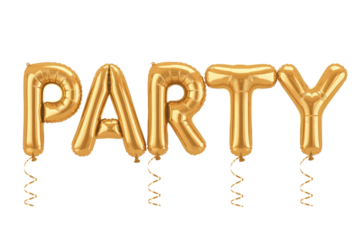 Gold foil letter balloons spell "PARTY" with curling ribbons, perfect for festive celebrations, birthdays, anniversaries, or any cheerful event decorations. background removed