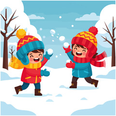 Two happy children, a boy and a girl, joyfully playing a snowball fight in a snowy winter landscape with trees.