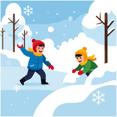 Two happy children playing a snowball fight in a snowy winter landscape with trees and falling snowflakes.