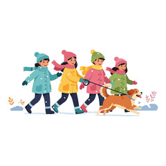 Four girls walking a dog in winter, wearing colorful coats and hats.