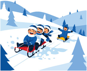 Children sledding down a snowy hill on a winter day, enjoying the cold weather.