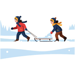 Two children pulling a sled in the snow during winter.