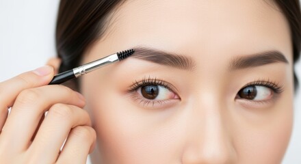 Fototapeta premium Woman carefully grooms her eyebrow using a cosmetic spoolie brush for precise shaping