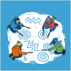 Children drawing in the snow with sticks, winter activity illustration.