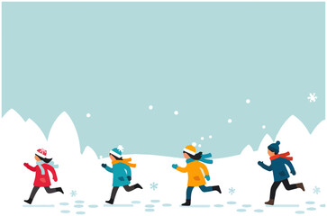 Children running in the snow, wearing winter clothes.