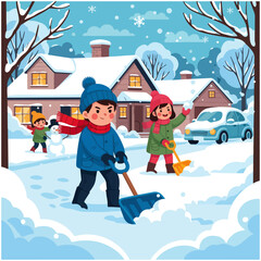 Happy children shoveling snow and playing outside their house on a snowy winter day.