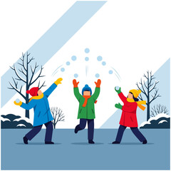 Three happy children in colorful winter coats having a fun snowball fight in a snowy park illustration.