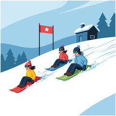 Three children sledding down a snowy hill in winter, with a flag and a house in the background.