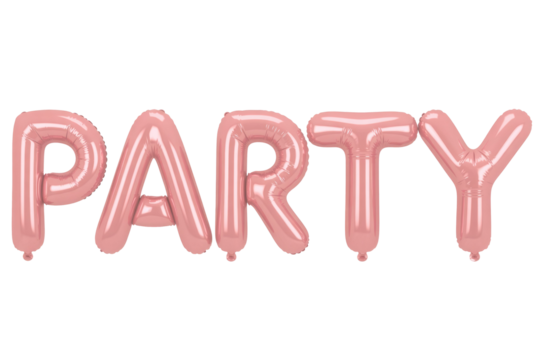 Pink foil balloon letters spelling 'PARTY' arranged horizontally, perfect for celebrations, birthdays, or festive event decorations. background removed