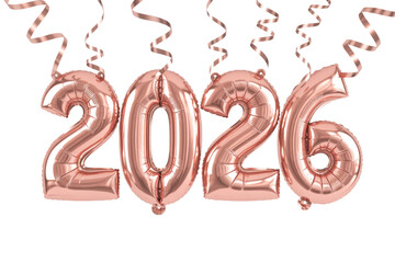 Rose gold foil balloons displaying '2026', adorned with matching ribbons, against a solid transparent background. Ideal for New Year celebrations. background removed