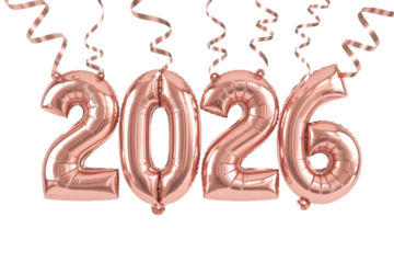 Rose gold foil balloons displaying '2026', adorned with matching ribbons, against a solid transparent background. Ideal for New Year celebrations. background removed
